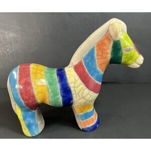 Raku Pottery Rainbow Large Zebra Horse South Africa 7 1/4” Inches Signed
